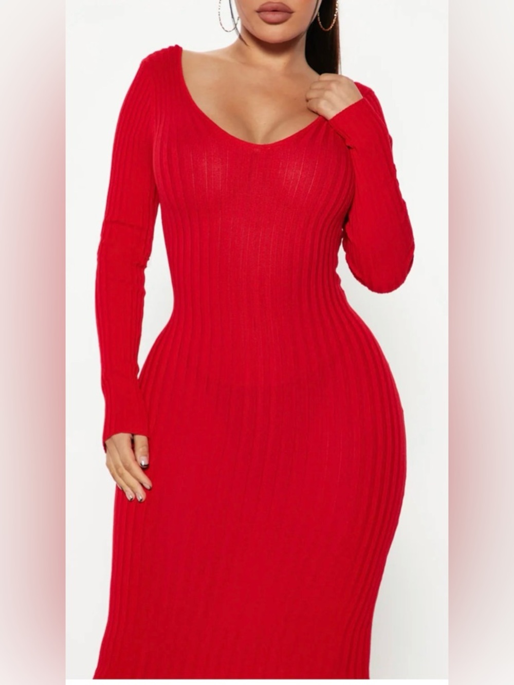 Fashion Nova Red Ribbed Scoop Neck Long Sleeve Dress